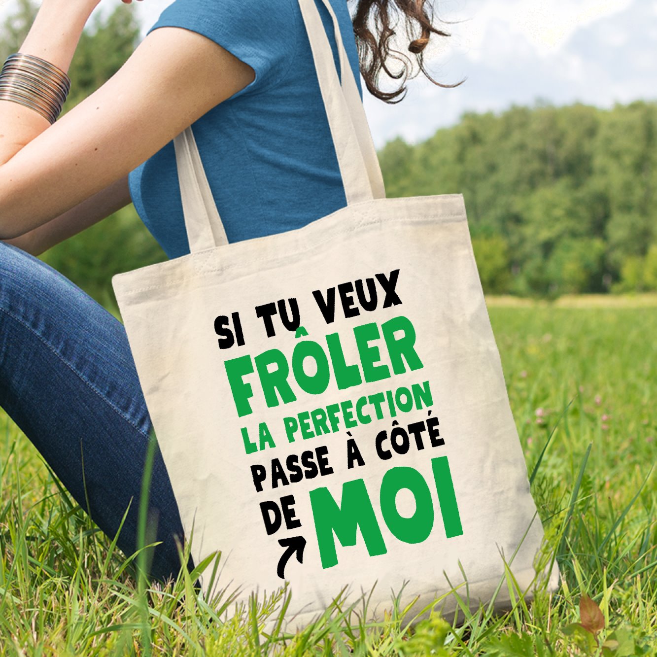 Tote bag Si tu veux frôler la perfection passe à côté de moi Beige