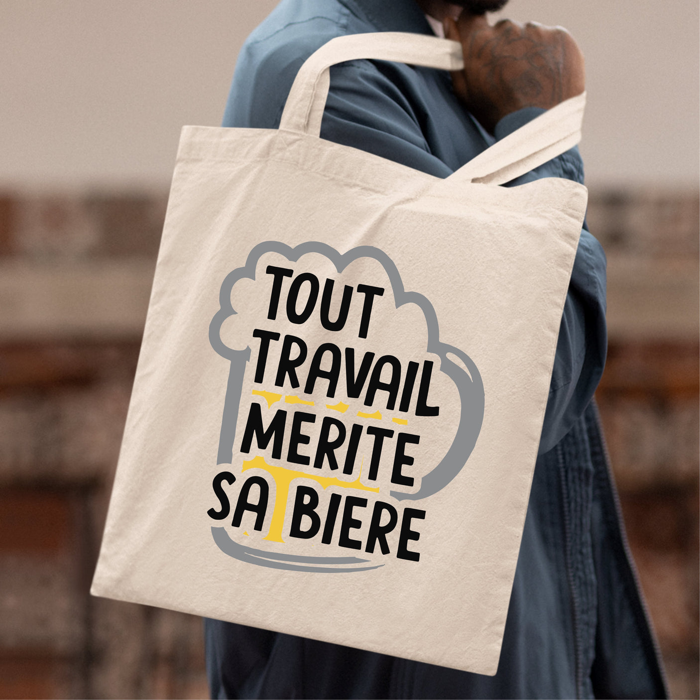 Tote bag Tout travail mérite sa bière Blanc